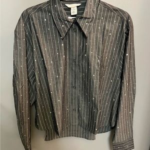 Pinstripe bottom down shirt with rhinestones